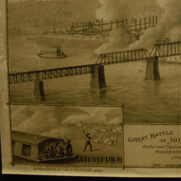 Gammal illustration över staden Homestead. Båtar syns brinna på vattnet. En text lyder The great battle of Homestead.