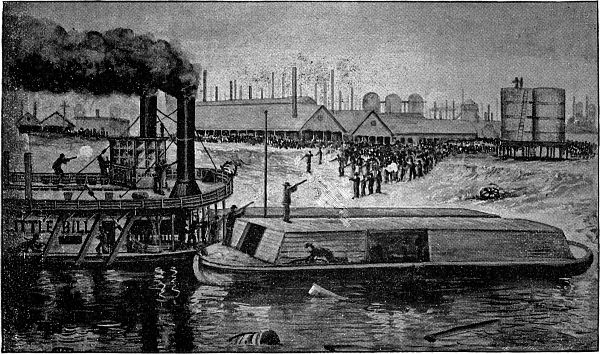 Gammal teckning. En båt försöker lägga till i en hamn. På båten står flera män med gevär och på stranden väntar en folkmassa. I bakgrunden syns många skorstenar. 