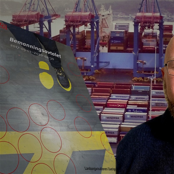 Montage av Hamnarbetarförbundets Erik Helgeson och LO:s bemanningsavtal framför en bakgrund av Göteborgs containerhamn