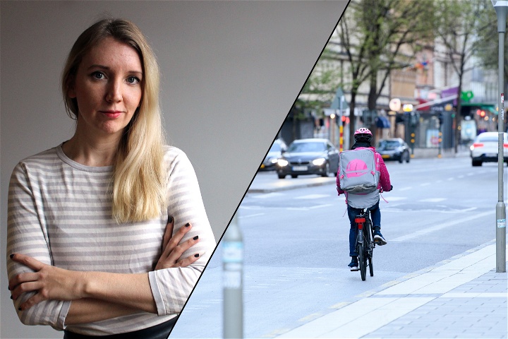 Montage med bild på Foodora-bud som cyklar längs en gata, samt bild på skribenten.