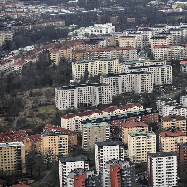 Flygbild över bostadshus på Gärdet i Stockholm