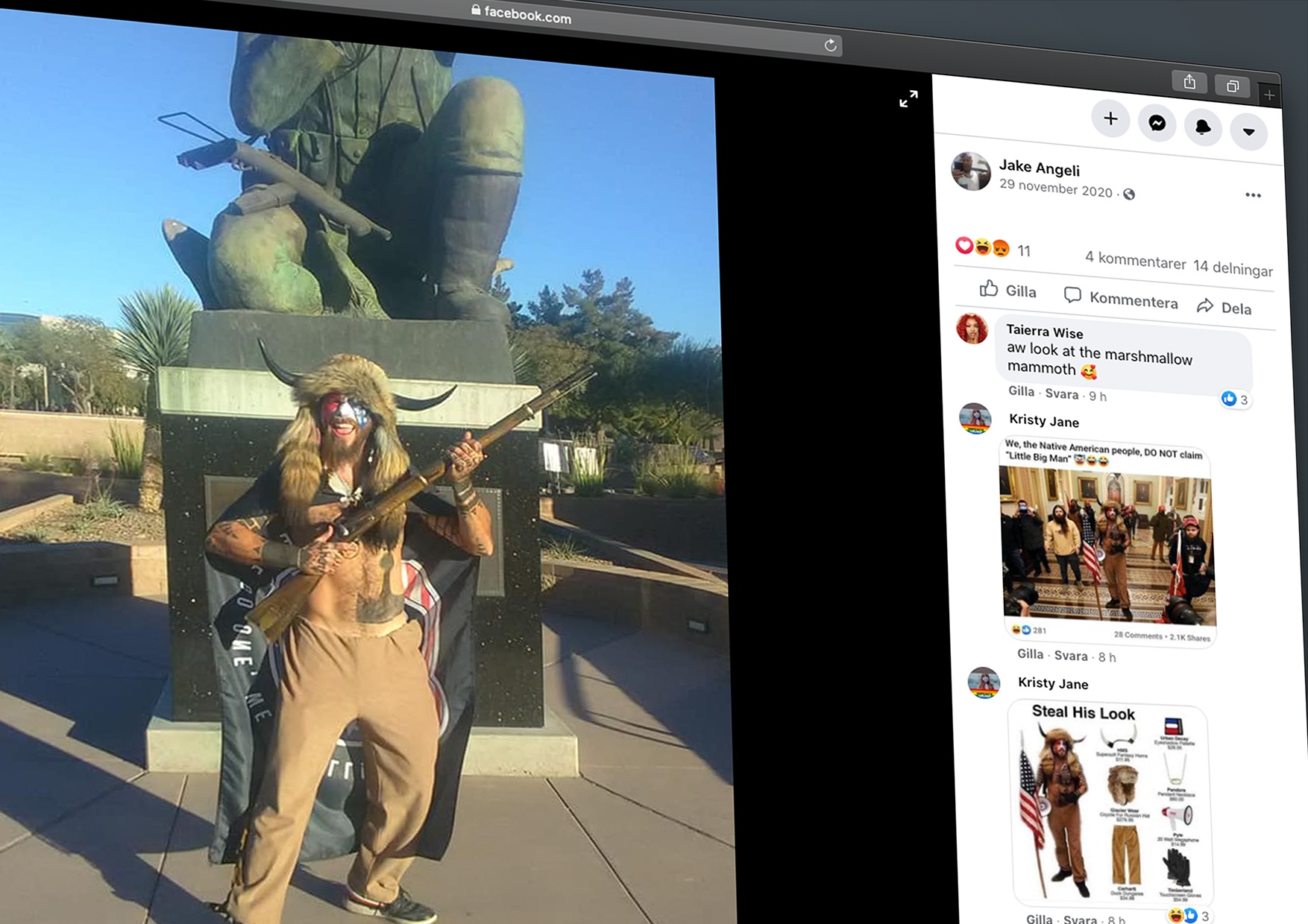 Jake Angeli poserar med bullelhjälm och gevär framför staty. Skärmdump från hans facebooksida.