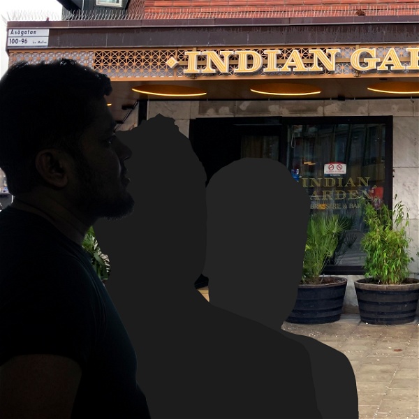 Tre siluetter av anonymiserade tidigare anställda framför en av Indian Gardens restauranger. Montage.