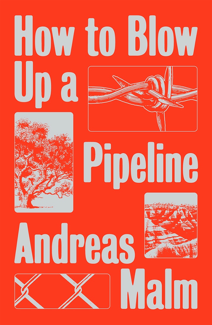 Omslaget till Andreas Malms bok. Orange bakgrund, vit titel och författarnamn. Vita bilder på träd, taggtråd och berg.