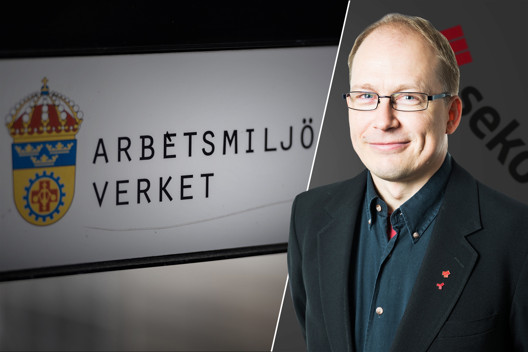 Montage: Seko Stockholms Patrik Öhrnell framför Arbetsmiljöverkets skylt