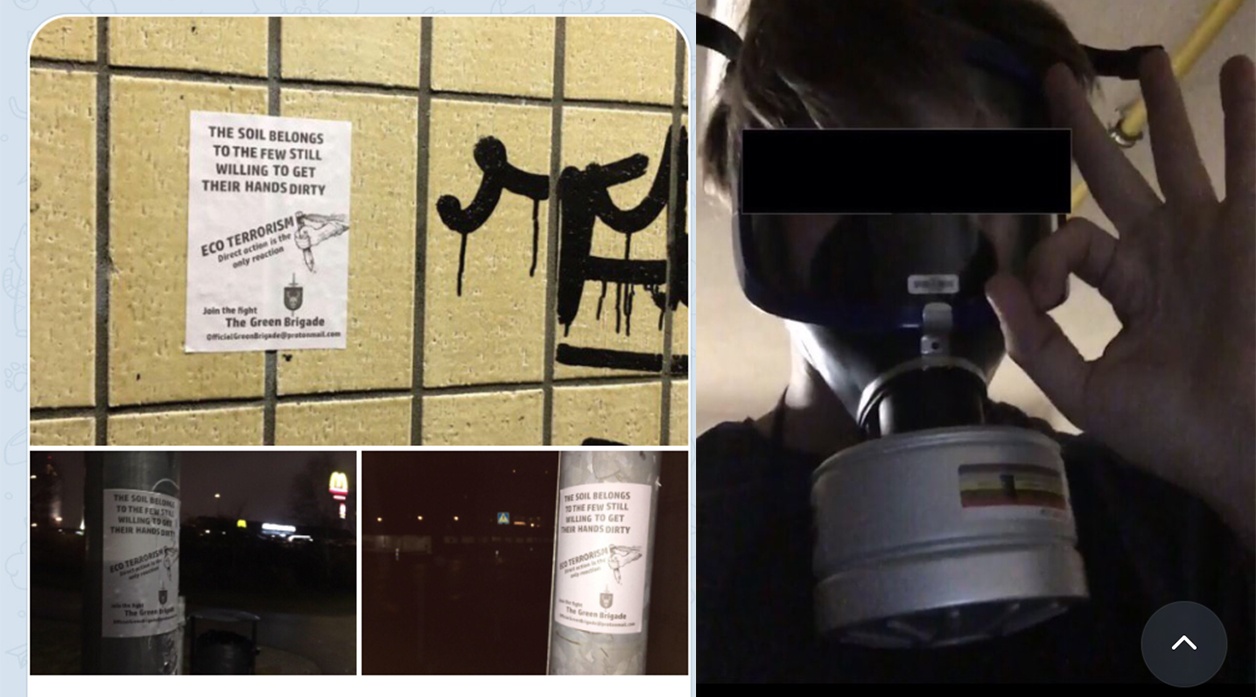 Bilder med affischer för ekofascistiska The Green Brigade, samt en bild från en av de mordbrandsdömda männens sociala medier, där han bär en gasmask,