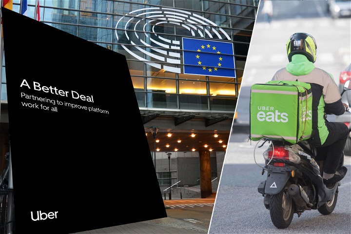 Montage av Ubers vitbok mot bakgrund av EU-parlamentet i Bryssel och ett matbud från UberEats