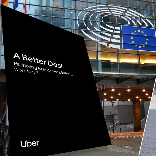 Montage av Ubers vitbok mot bakgrund av EU-parlamentet i Bryssel och ett matbud från UberEats