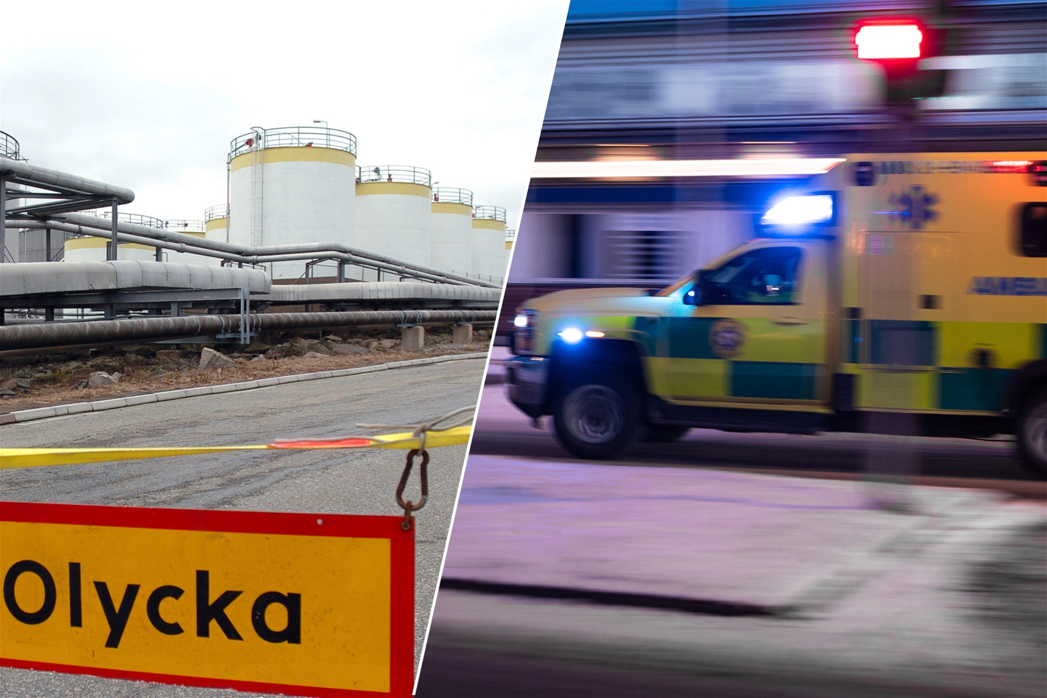 Montage av Göteborgs oljehamn och Ambulans i ilfart