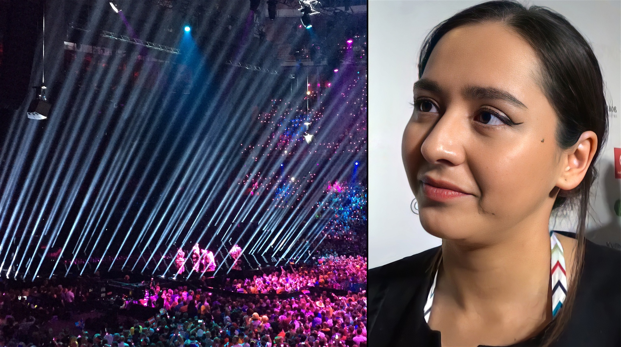Sångerskan Manizha Sangin samt bild från Eurovisiontävlingen i Stockholm 2016, strålkastare pekar snett uppåt från scengolvet.