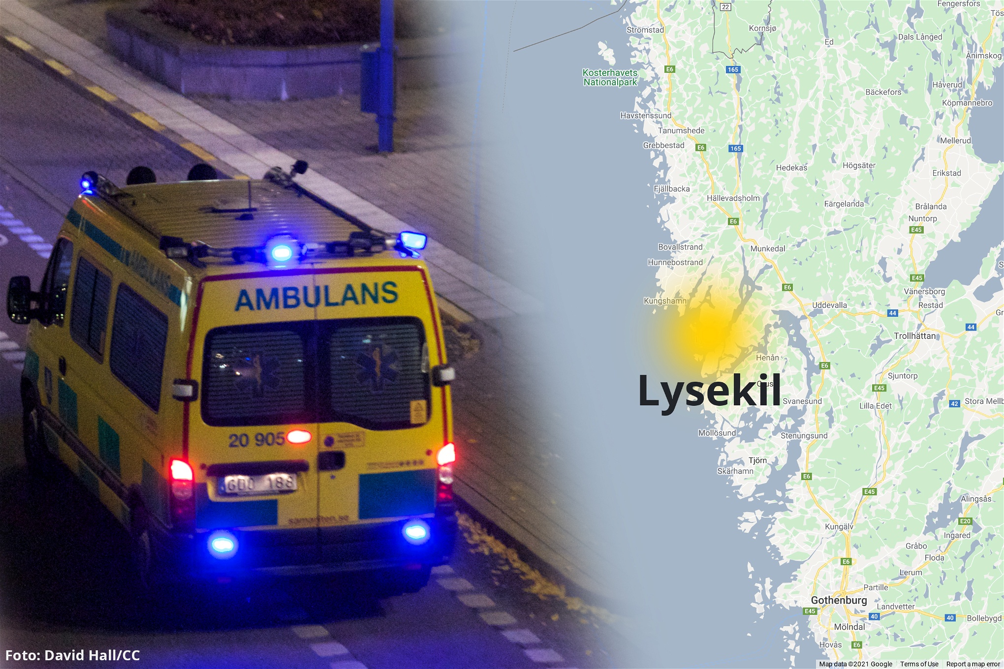 Ambulans med blinkande lampor och en karta där Lysekil är utmärkt.