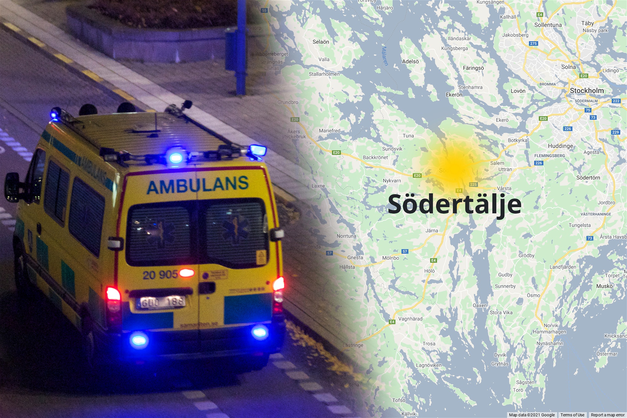 Ambulans på mörk väg och karta med Södertälje utmärkt med en gul prick.