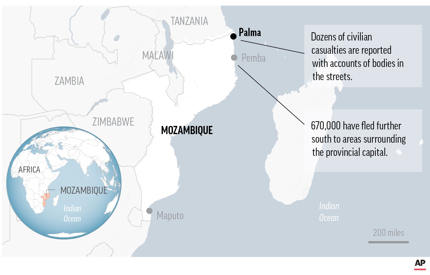 Kartan visar Palma i norra Moçambique, omkring 250 mil norr om huvudstaden Maputo. Foto: AP/TT