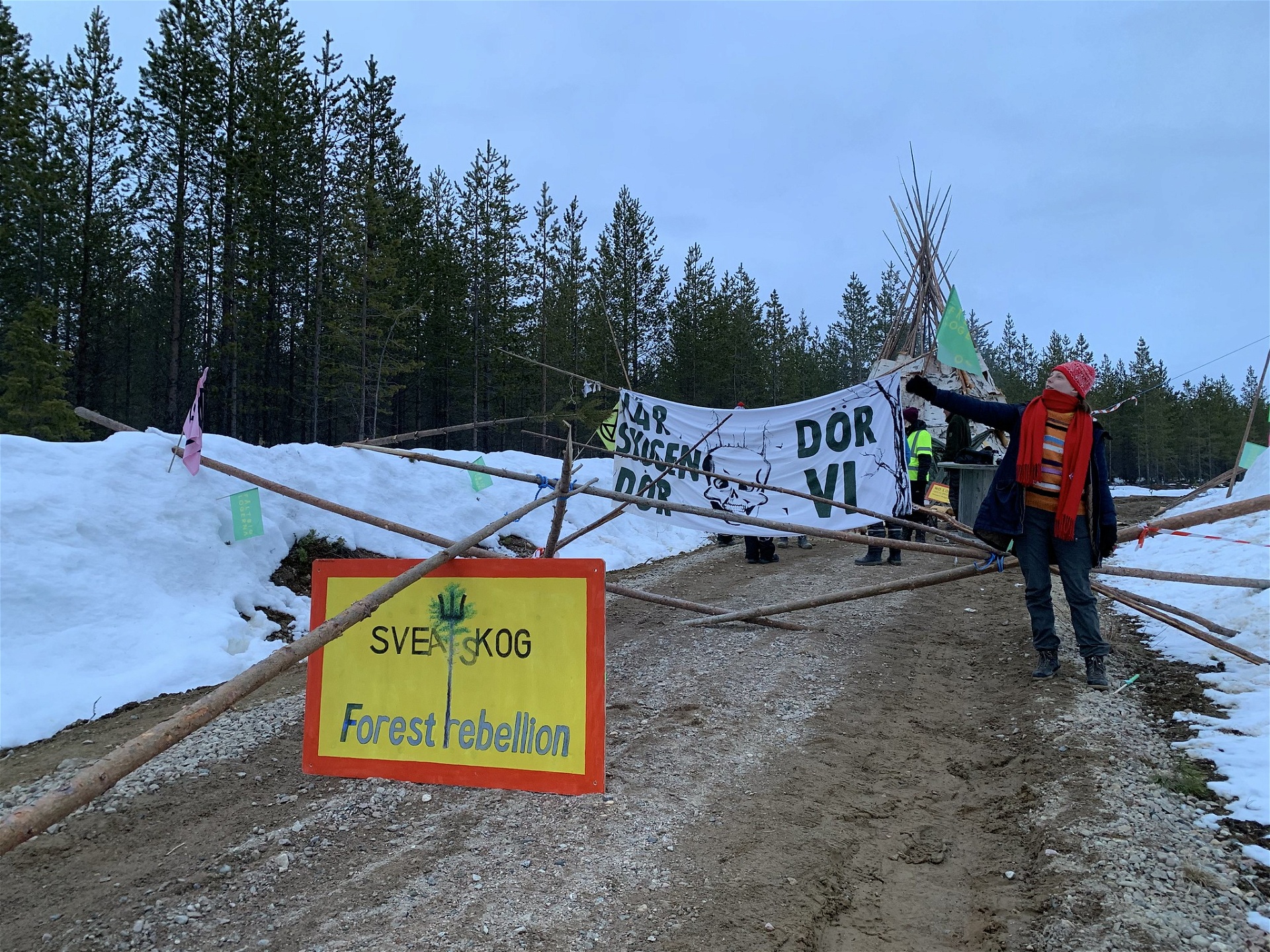 Klimataktivister blockerar en väg i protest mot Sveaskog