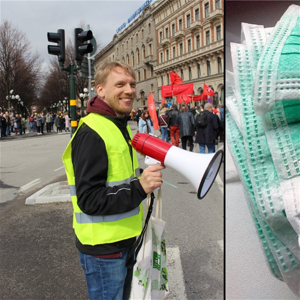 Niklas Vanhainen med reflexväst och megafon bredvid ett demonstrationståg, samt en bild på en hög med munskydd.