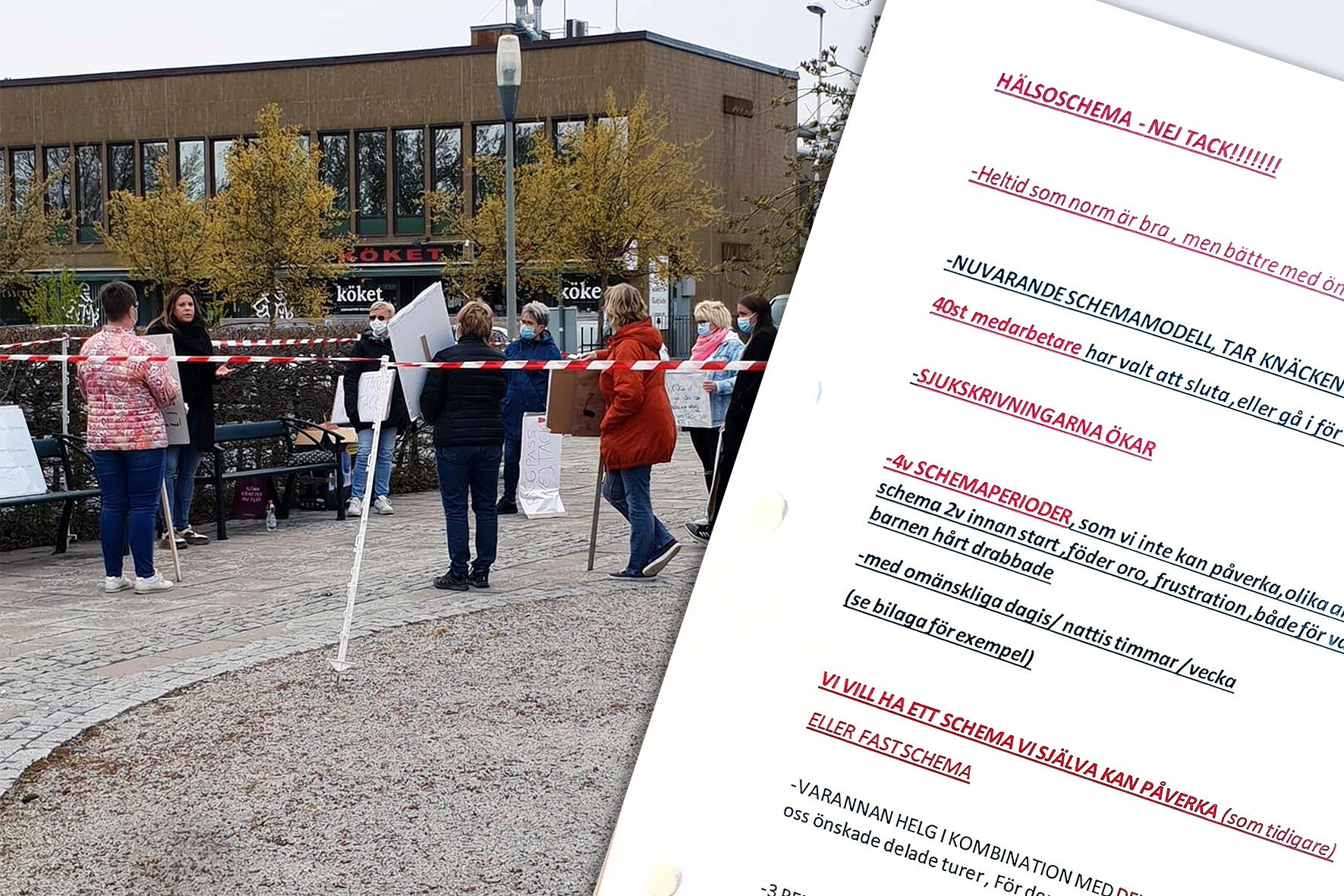 Vård och omsorgspersonal demonstrerar mot hälsoscheman på torget i Bromölla.