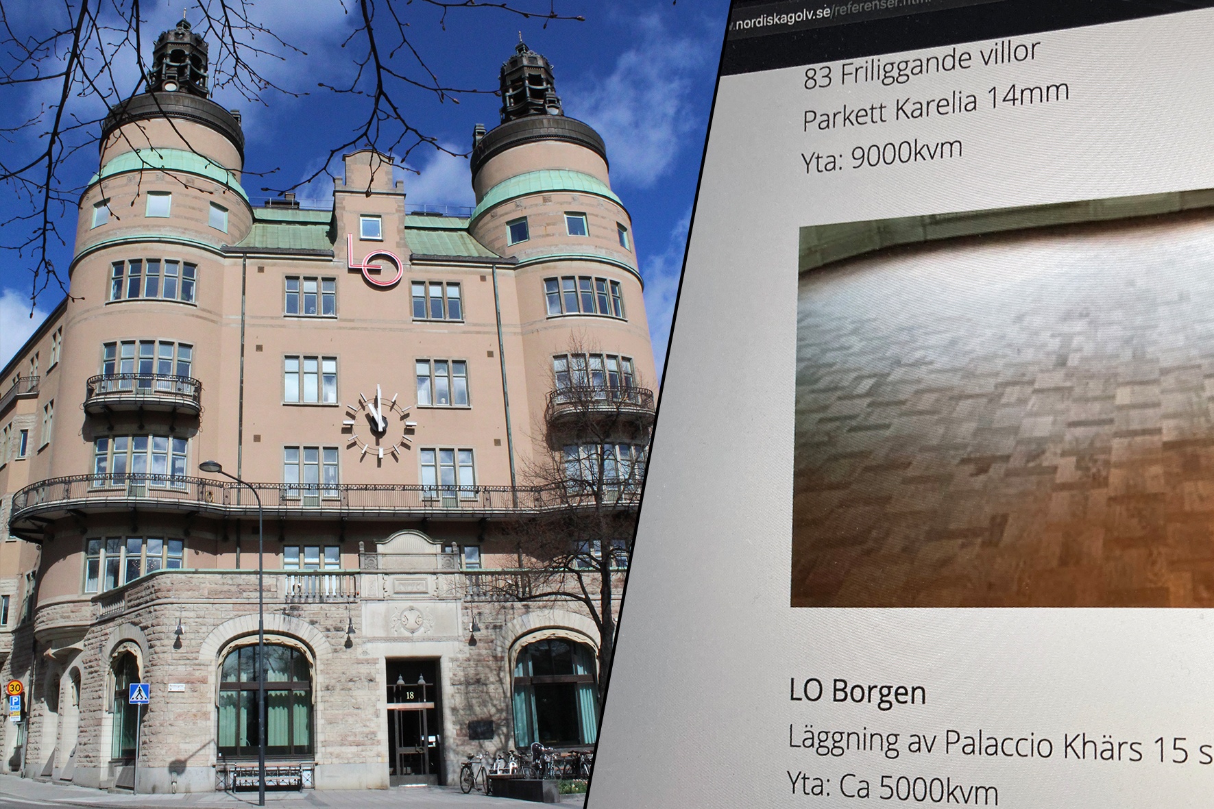 LO-borgen och en bild på Nordiska golvs referenssida
