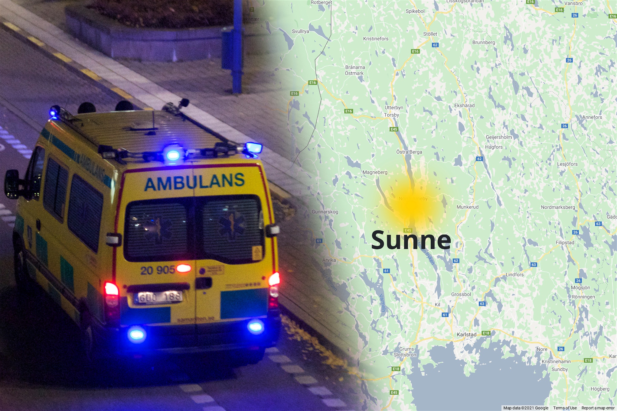 Ambulans tillsammans med en karta där Sunne är utmärkt med en gul prick.