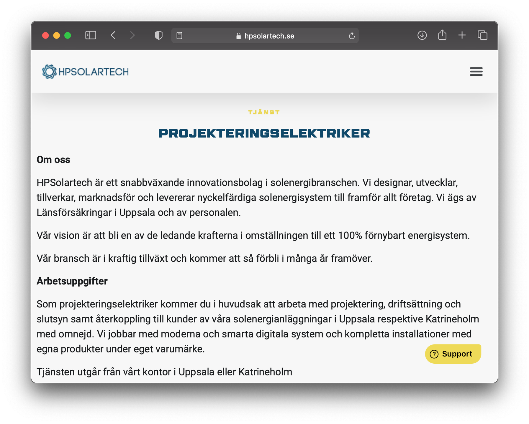 Skärmdump av den annons som fortfarande går att hitta på HPSolartechs hemsida, även om länken från "Karriär"-sidan är borta FOTO: Skärmdump