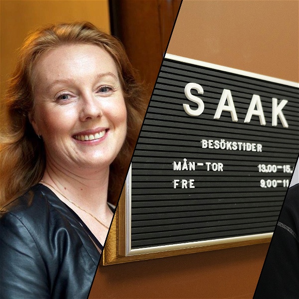 Christina Ehler, kassaföreståndare på Hamnarbetarnas a-kassa, SAAK:s skylt och Michael Ribbenhag, kassaföreståndare på SAAK