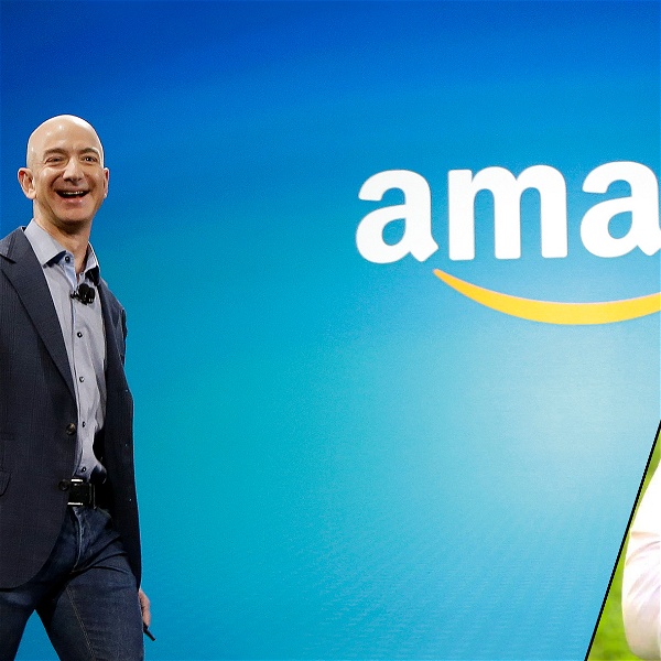 Bild på en leende Jeff Bezos i kollage med porträttbild på Julia Lindblom.