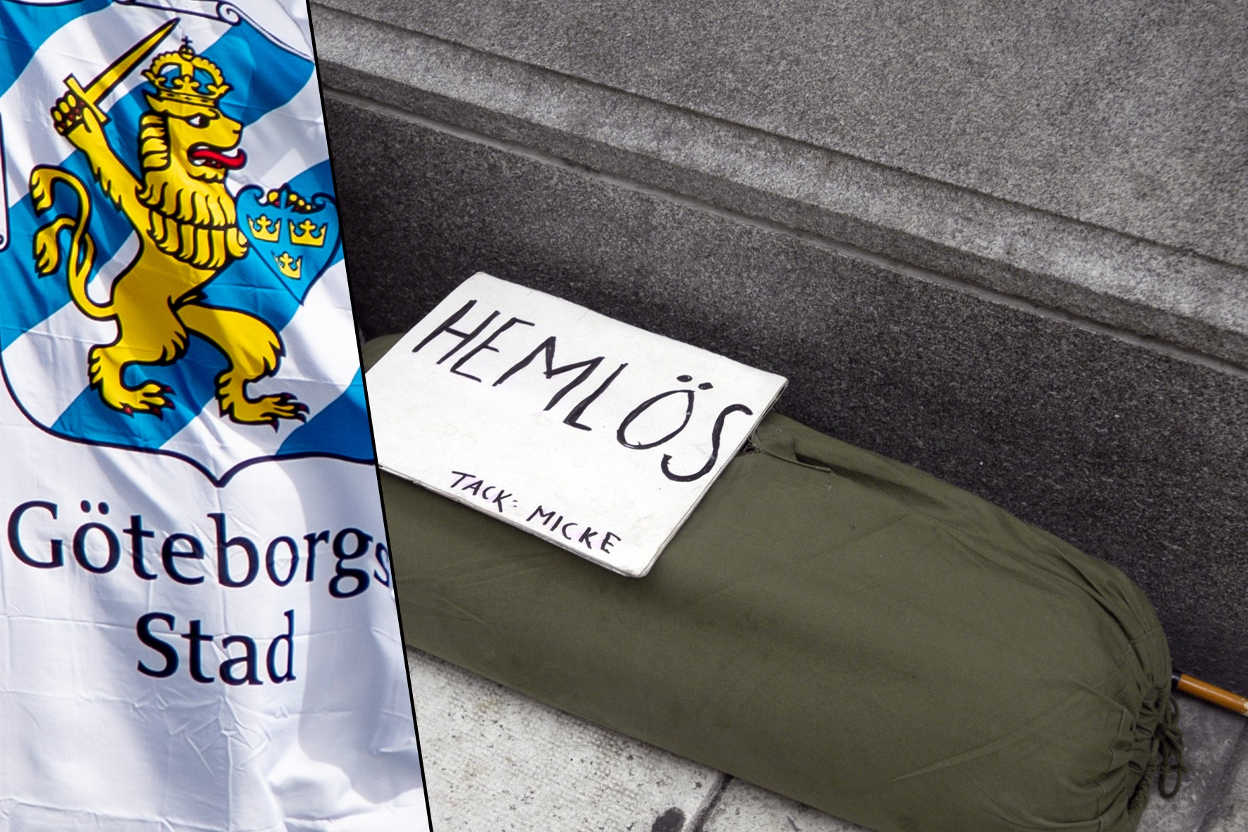 En flagga med Göteborgs stads stadsvapen bredvid en sovsäck på en gata med en skylt med texten "Hemlös"