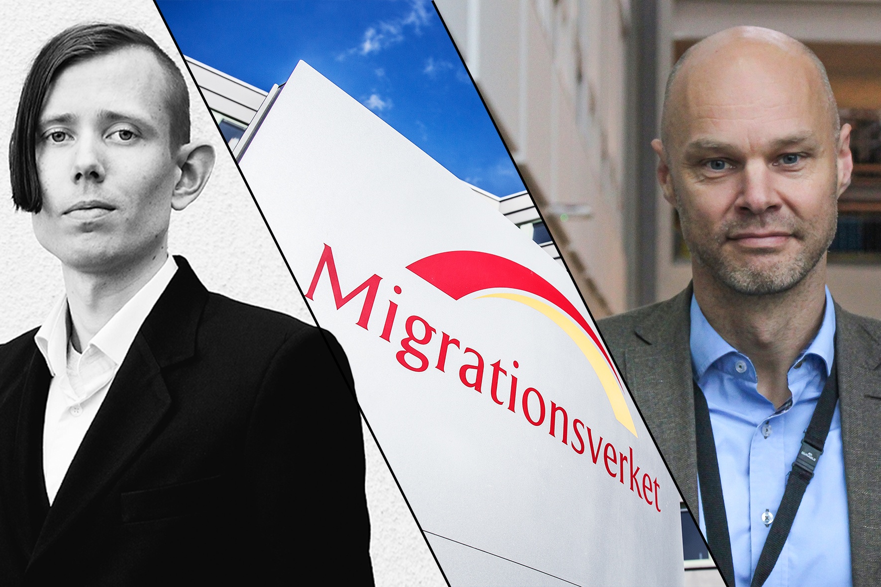 Joakim Lundqvist, Folkets juristbyrå, migrationsverkets skylt och Carl Bexelius, rättschef på myndigheten