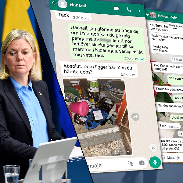Magdalena Andersson och tre skärmdumpar av sms till vd:n
