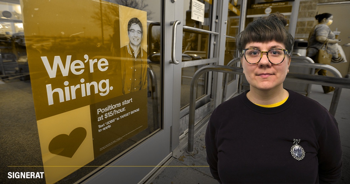 Headerbild på Martina Engman med texten signerat och en "we're hiring"-skylt i bakgrunden