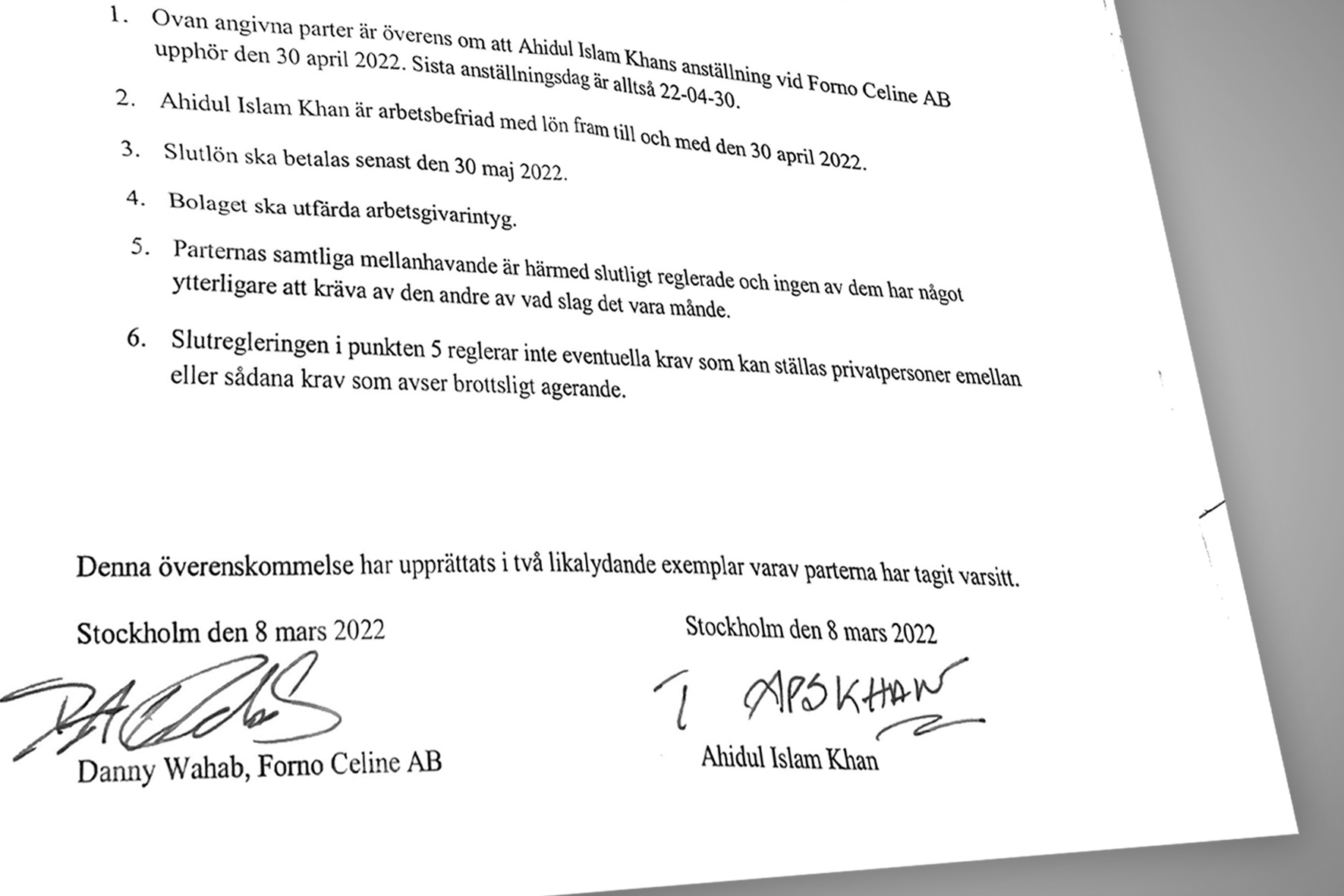 Ahidul Khans underskrivna avtalet om uppsägning