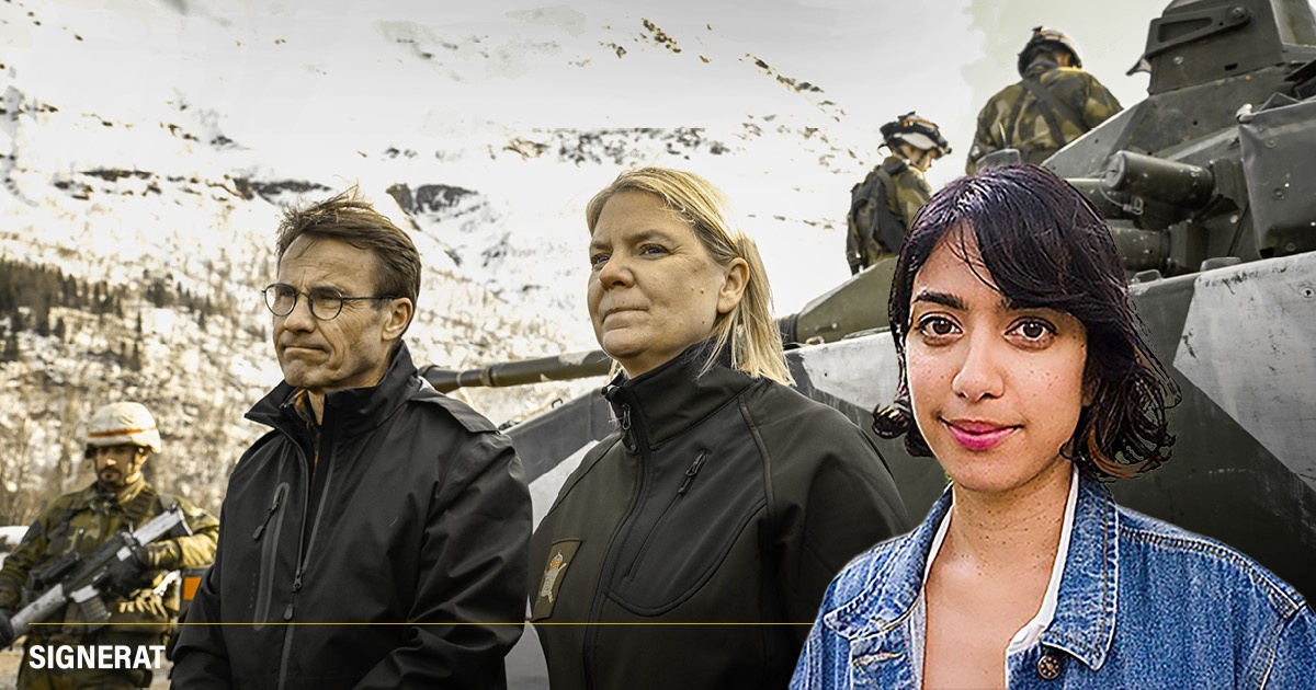 Shabane Barot. I bakgrunden Magdalena Andersson och Ulf Kristersson som besöker militärövningen "Cold Response".