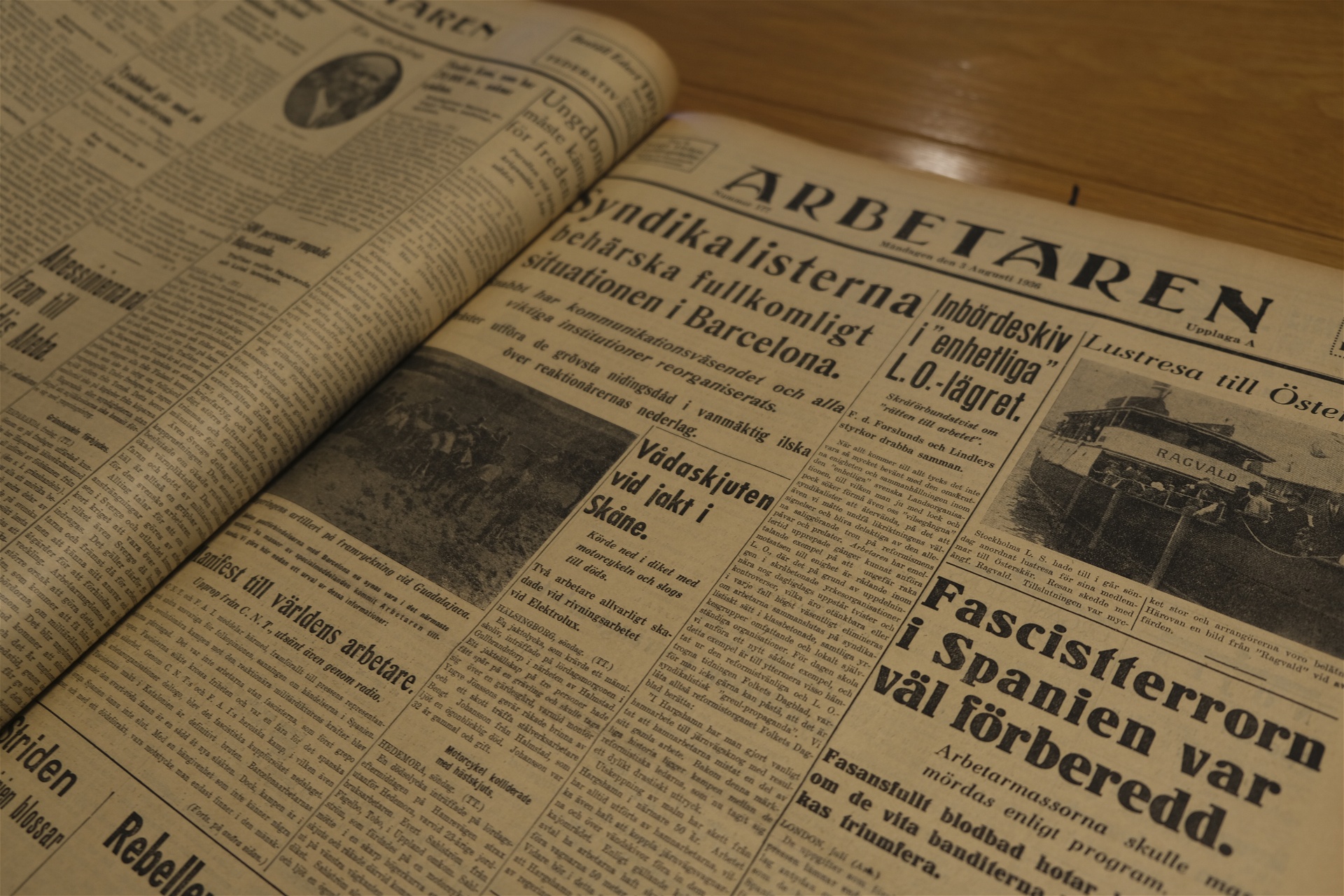Tidningen Arbetarens förstasida den 3 augusti 1936. Foto: Johan Apel Röstlund