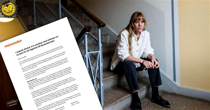 Alicia Smedberg, hyresgäst i Heimstaden sittandes i ett trapphus, samt bild på brevet Heimstaden skickat ut.