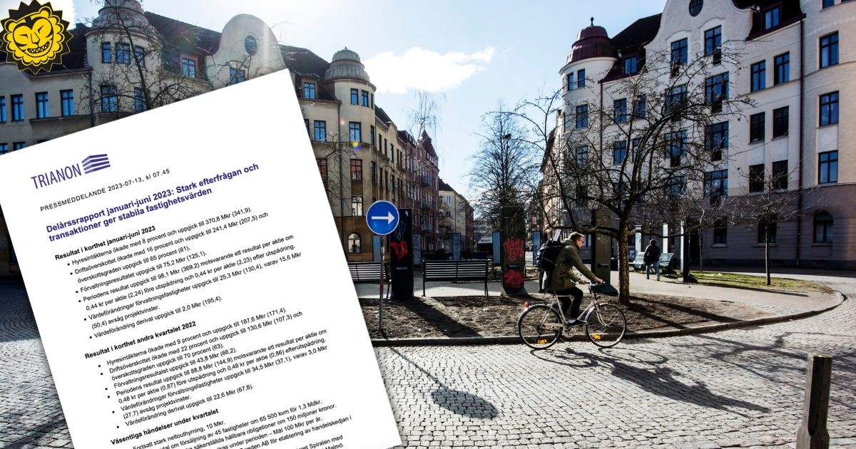 Bild på bostadshus på Möllevången i Malmö, samt Trianons finansiella rapport för andra kvartalet 2023.