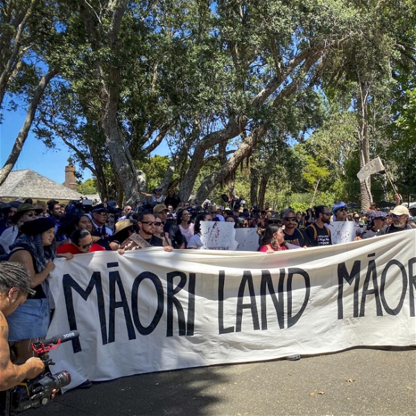 Maorifolket på Nya Zeeland håller i en banderoll där det står Maoriland Maorirättigheter