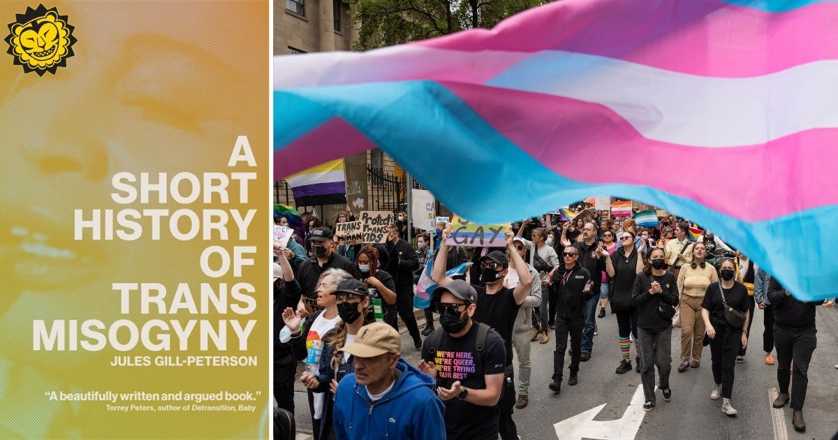 Bokomslag till A Short History of Trans Misogyni och en bild från en demonstration med en stor transflagga som vajar.