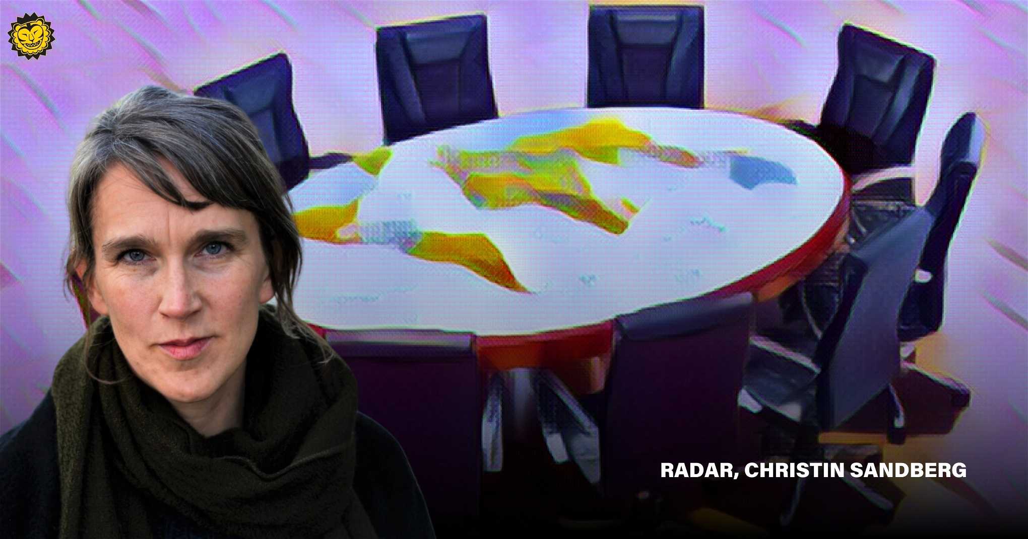 Feministisk utrikespolitik. Ett runt bord med världskartan på, i lila toner. Ett porträttfoto av skribenten Christin Sandberg till vänster.