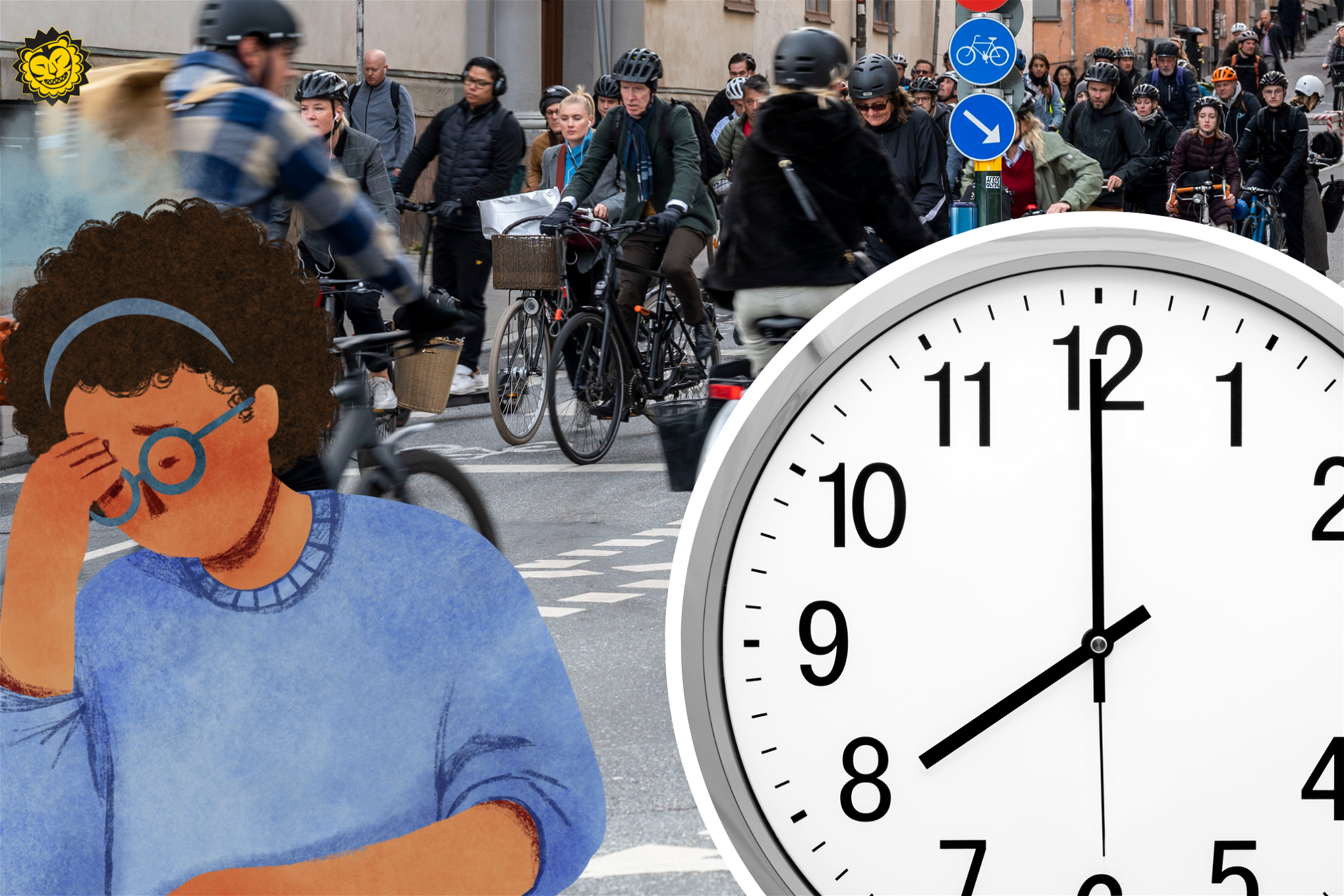 Bilden är ett kollag. I bakgrunden en massa cyklister som jobbpendlar, en klocka till höger och en illustration av en kvinna som håller handen för pannan till vänster