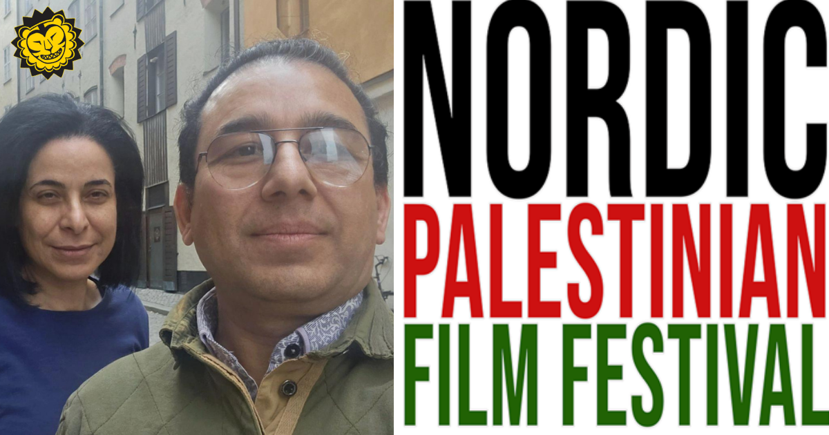 Affisch för Nordic Palestinian Film Festival och bild på Wafá Jamil och Talat Baht utomhus