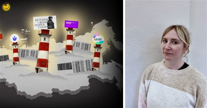 illustration med hus och fyrtorn utspridda över en karta över Ryssland, samt ett foto på Katarina Lindkvist från Barents Press Sverige.