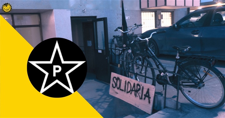 Foto på entrén till Solidaria samt loggan till en grekisk anarkogrupp.