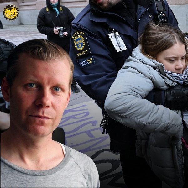 Foto på när Greta Thunberg bärs bort av polis utanför Riksdagen.