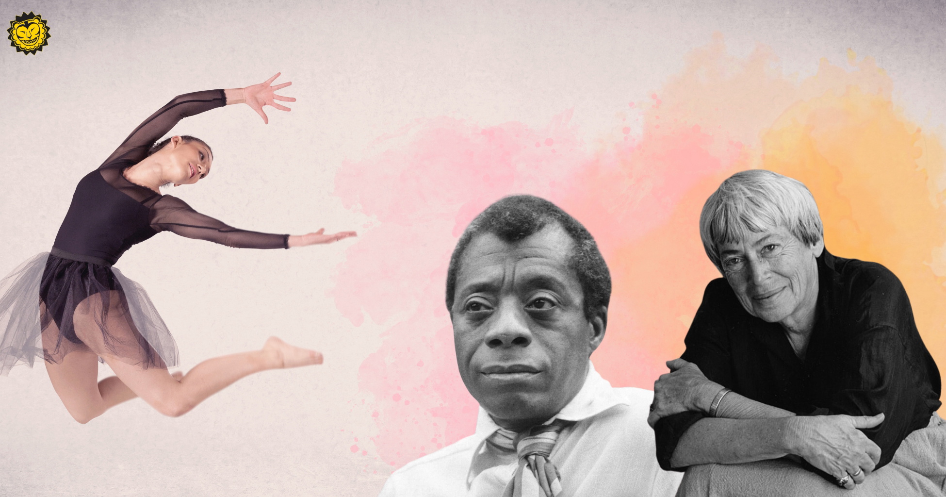 Balettdansös samt porträtt av James Baldwin och Ursula K. Le Guin.