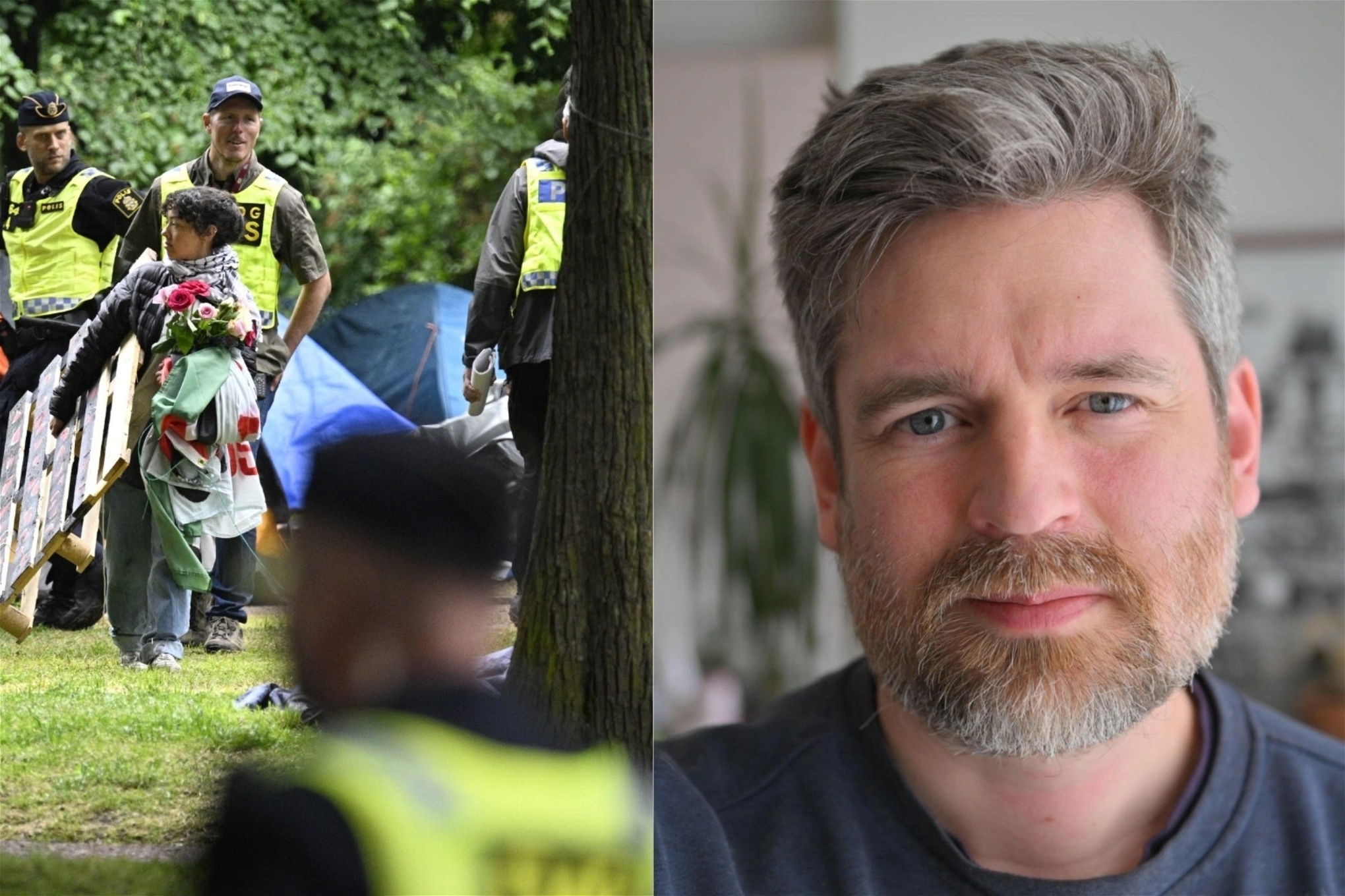 Victor Pressfeldt och polis på plats i samband med tältprotest i Lund.