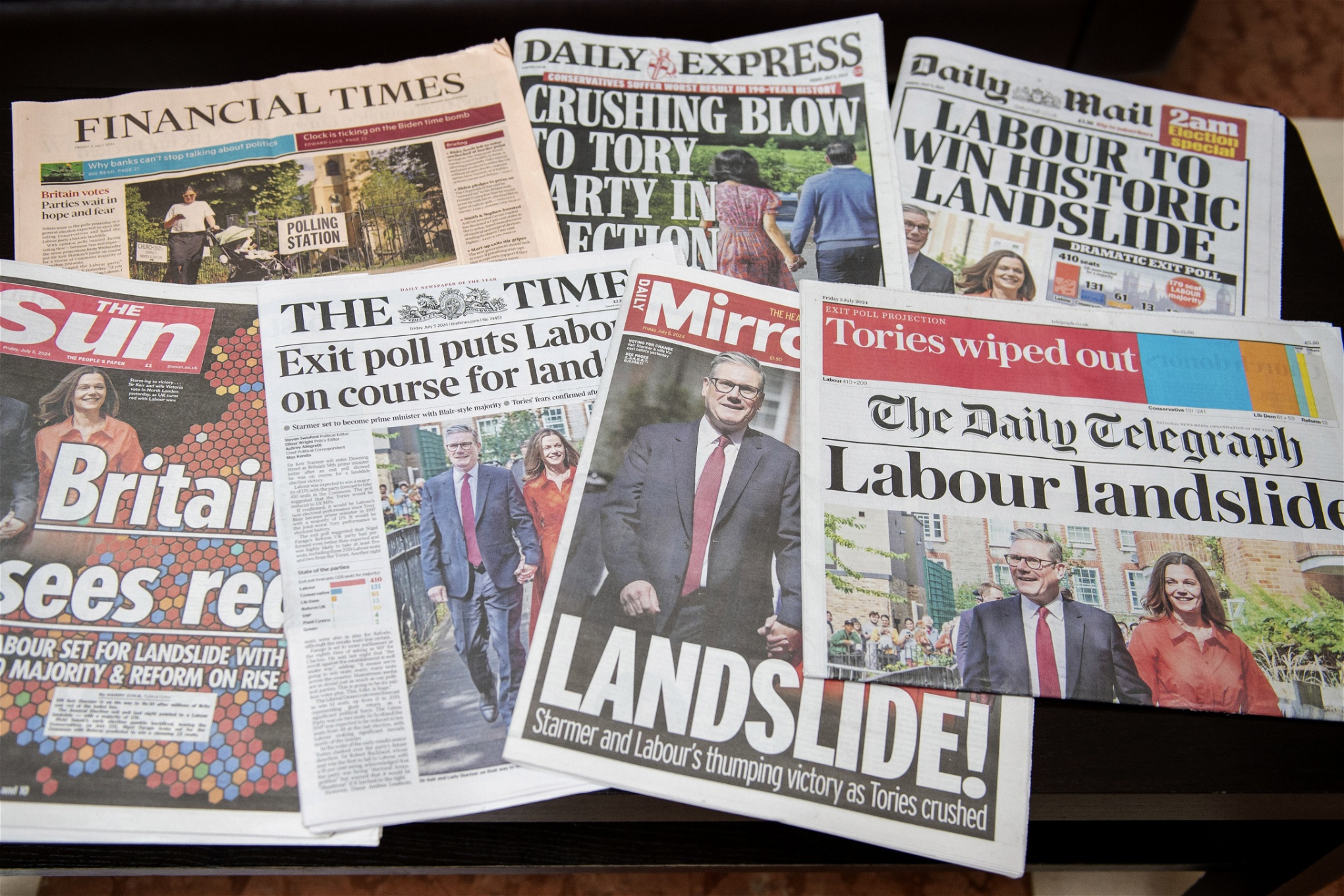 Framsidan på ett antal brittiska tidningar dagen efter valet.