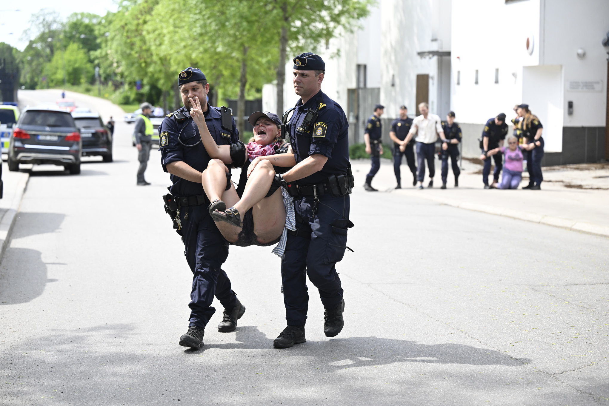 En kvinna förs bort buren av två poliser efter en aktion för Återställ Våtmarker utanför Finlands ambassad.