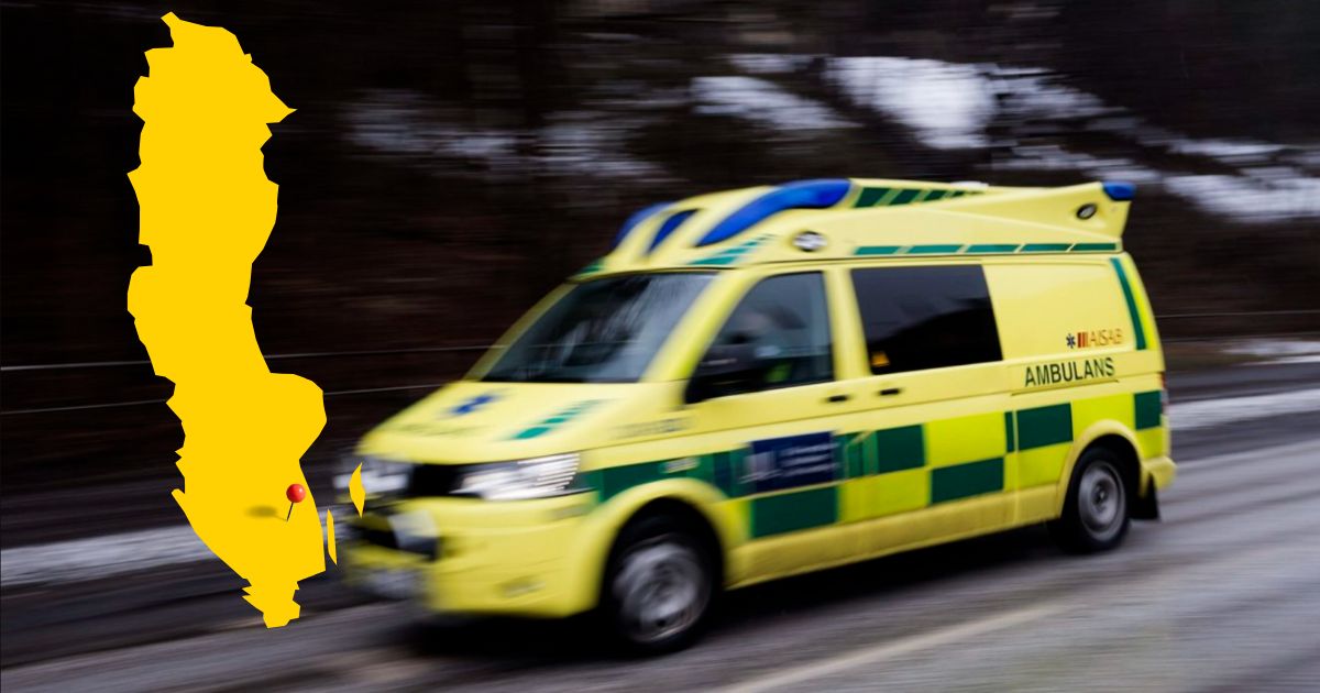 Ambulans åker snabbt. Sverigekarta med arbetsolycka utmärkt