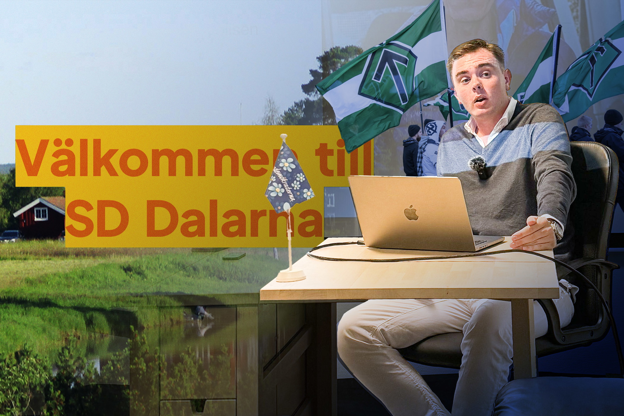 Montage med Christian Peterson mot en bakgrund där det står Välkommen till SD Dalarna och nazistflaggor.