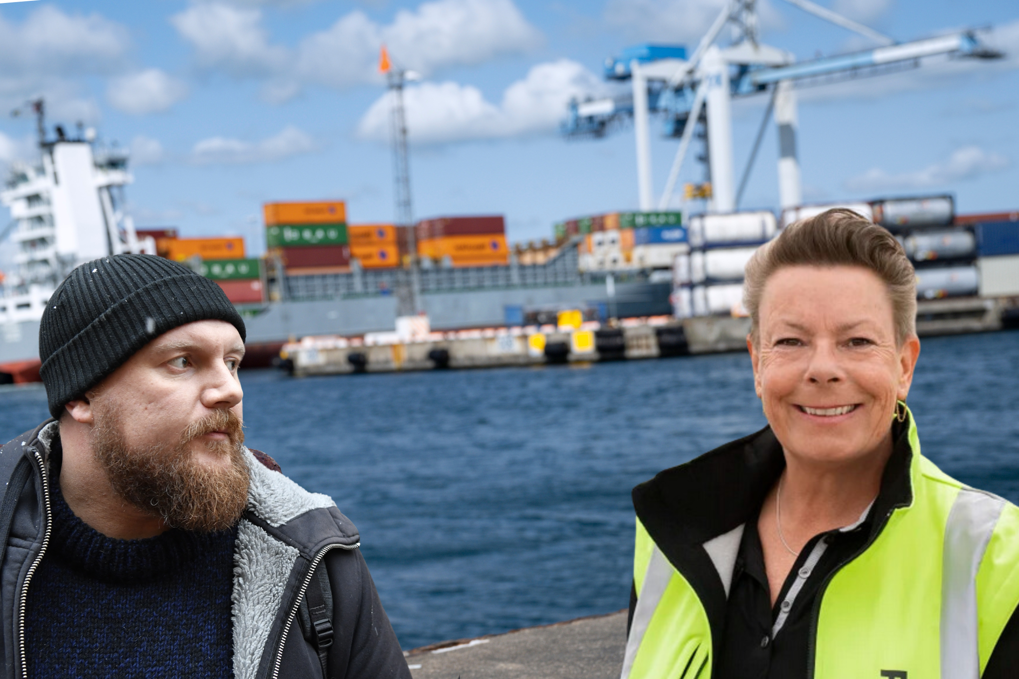 Hamnarbetarförbundets Erik Helgeson och Gothenburg RoRo Terminals vd Maria Franksen vid Göteborgs hamn.