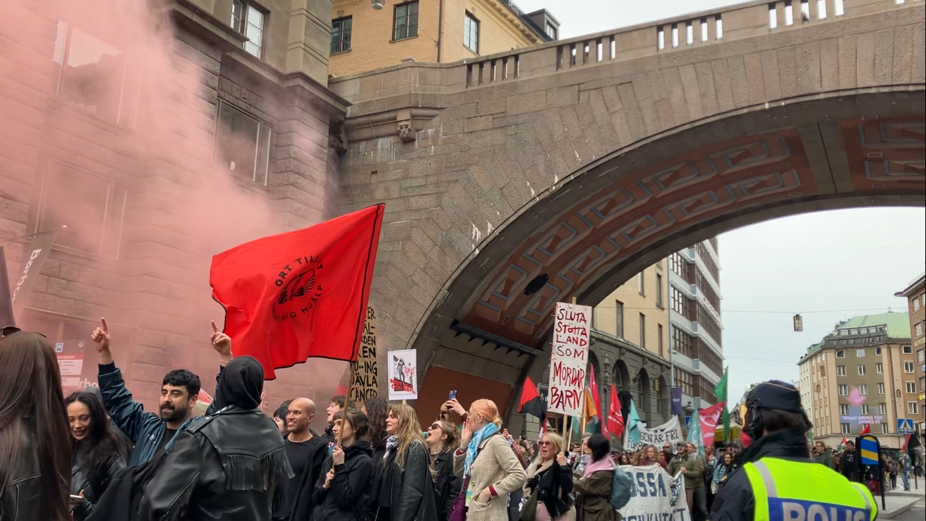 Demonstranter vandrar på Kungsgatan i stockholm